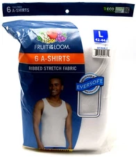 6 White Large L 42-44 Inch A-Shirt Tanks Fruit Of The Loom G 107-112 CM