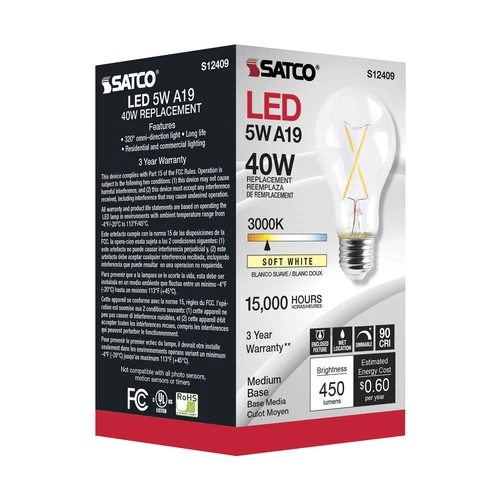 S12409 LED Filament Bulb 120V 5W 40W A19 Medium E26 Base Clear 2700K Warm White - Picture 5 of 7