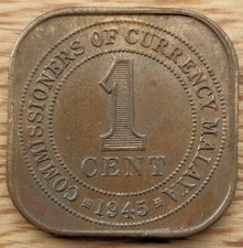 Moneda cuadrangular de bronce de 1 centavo de Malasia 1945 - Jorge VI