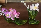 Vintage Collectible Lot Green Glass Daisy Button Shoe & Boot Fenton Glass Vases