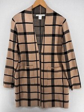 MAX STUDIO Sweater M Check Open Front Cardigan Duster Coat Long Sleeve Beige