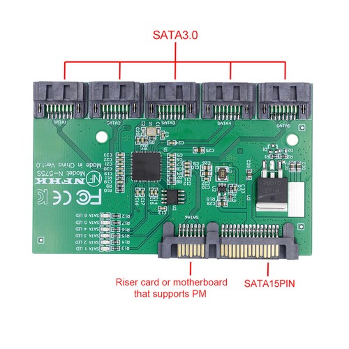 SATA 3.0 6Gbps 1 to 5 Splitter Ports HUB Adapter Converter PM Multiplier Port - Picture 3 of 8