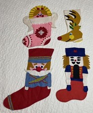 Vintage Handmade Felt Stockings Lot Of 4 Soldier, Angel, Reindeer, Nutcracker