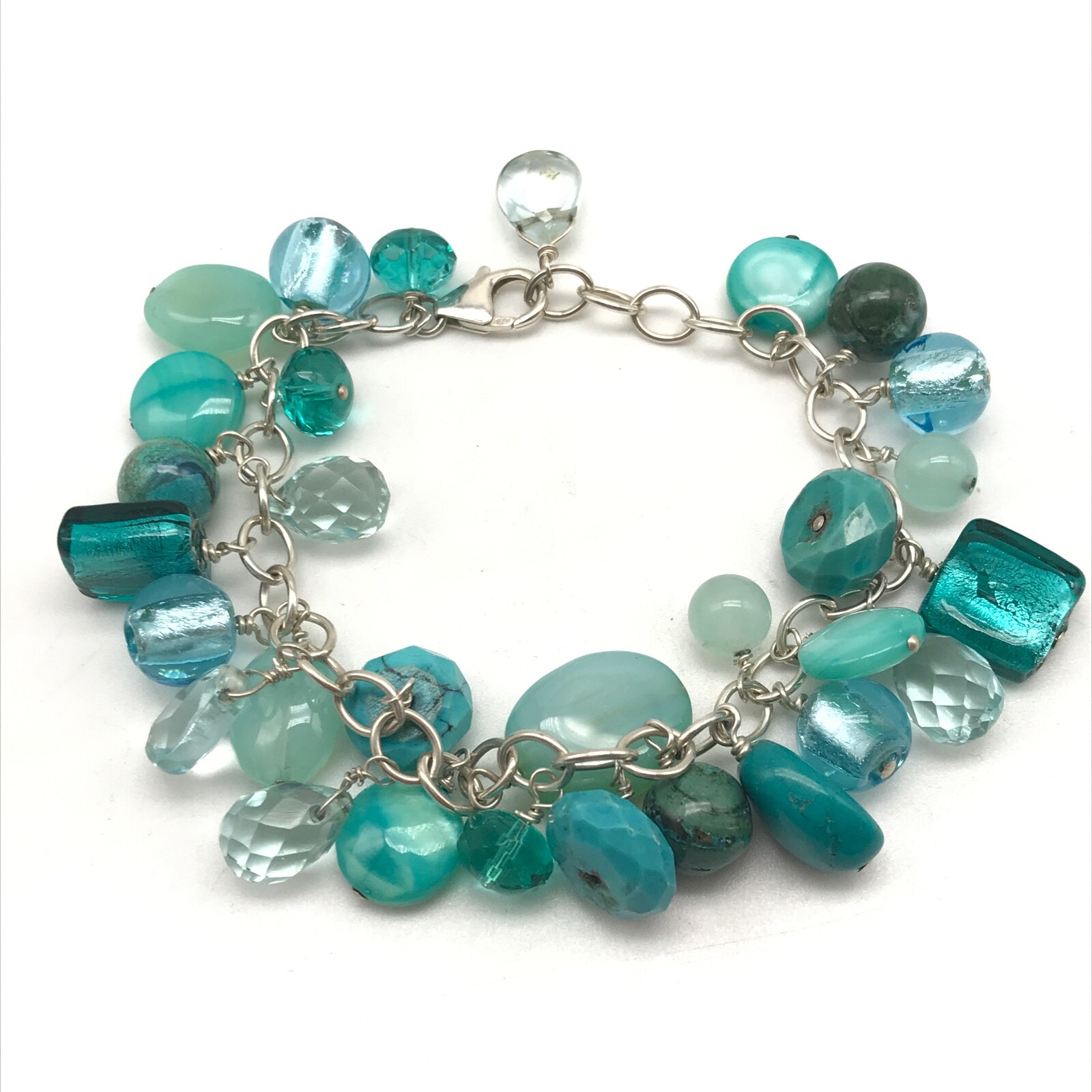 925 Sterling Silver Green Glass Stone Chunky Beaded Charm Bracelet