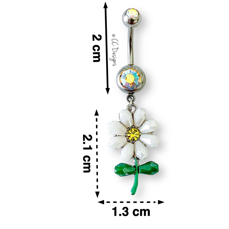 14g aurora borealis sparkle cz dangle white yellow green daisy belly ring B138 - Image 2 of 2