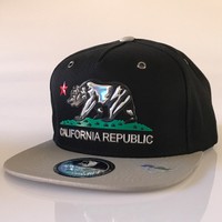 California Republic Snapback Hat Print Bill Flat Bill 3d Cap Osfm Black/gray California Republic Snapback Hat Print Bill Flat Bill 3d Cap Osfm Black/gray