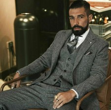 3 Piece Gray Men Suit Herringbone Check Tweed Tuxedo Business Vintage Suit Prom