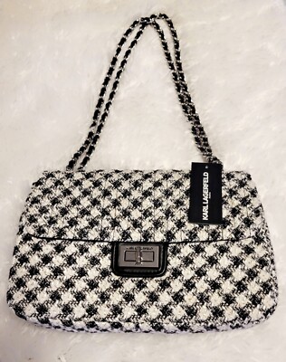 Karl Lagerfeld Paris Agyness Boucle Shoulder Bag Houndstooth Black White 