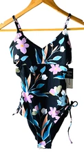 Hula Honey M Black Floral Tropical Print Lace-up Sides One Piece Swimsuit - New