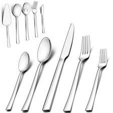 65 Piece Silverware Set with Serving Utensils Tableware, Stainless Steel Squa...