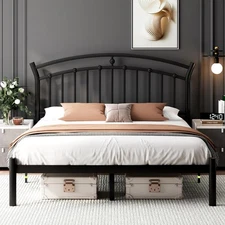 Queen Black Bed Frame, Heavy-Duty Metal Bed Frame with 13 Hardened Steel