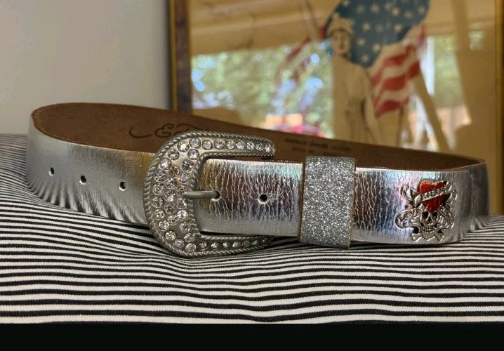 Ed Hardy Y2K Sparkle Silver Belt w/ Rhinestone Buckle, LOVE SLOWLY KILLS, Size L - Image 2 of 4