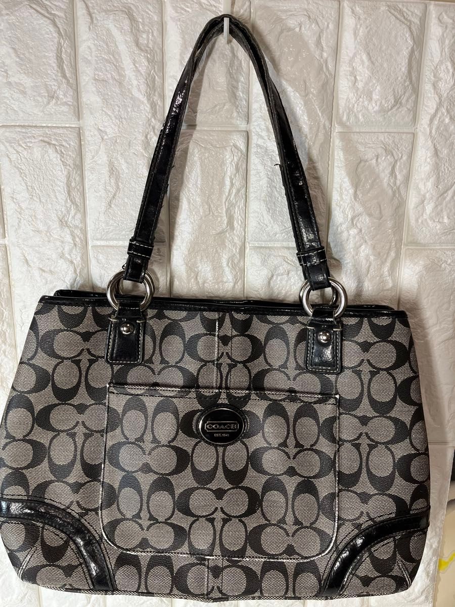 COACH Signature Canvas Tote Bag Black x Gray 11a