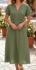 SHEIN Women Dress Small S Sage Olive Green Short Sleeve Button Waist Midi Casual