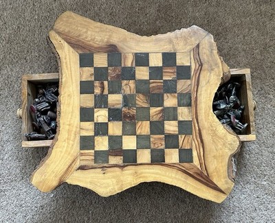 Vintage Schachbrett aus Holz handgefertigt 30 cm mit Schubladen & 32 Schachfiguren aus Zinn