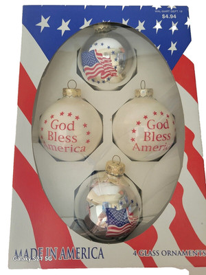 God Bless American Flags Glass Ball Christmas Ornaments Lot 4 USA Made Patriot