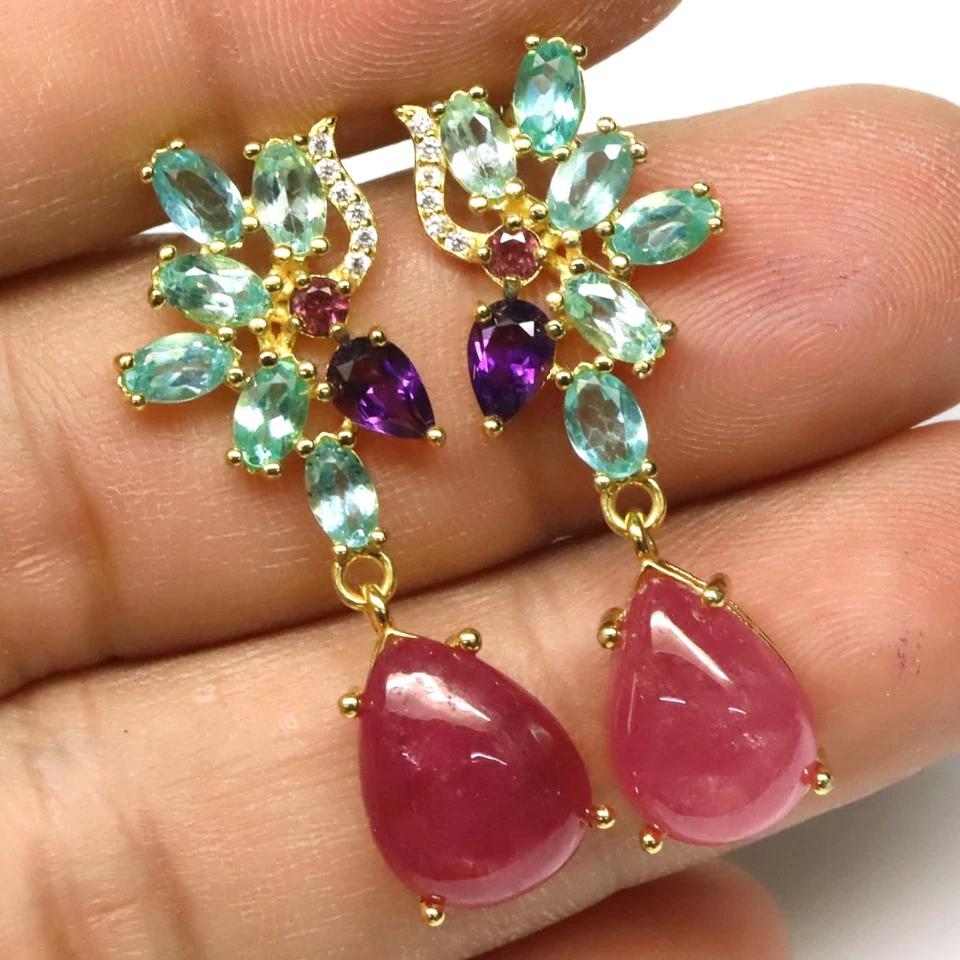925 Sterling Silver 9 x 13 mm. Red Ruby, Zircon, Amethyst & Rhodolite Earrings  - Image 2 of 4