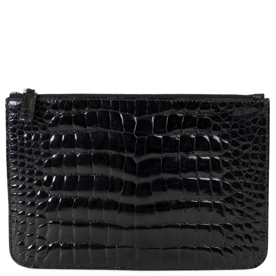 73450 auth PRADA black CROC ZIP POUCH Clutch Bag