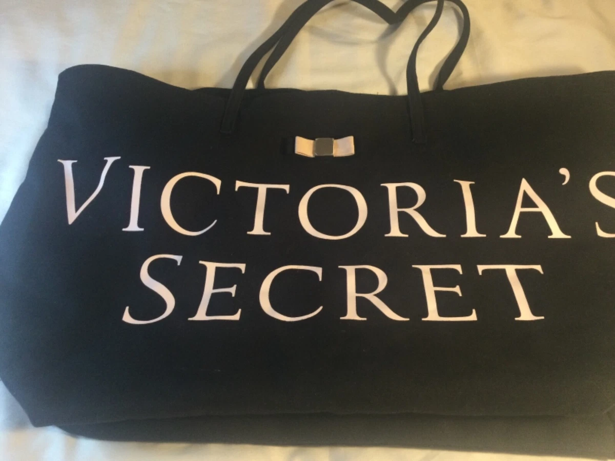 Victoria Secret Large Black Canvas Lined Tote Bag Double Handles White  Letters