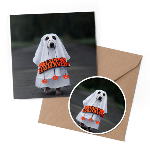 1 x Greeting Card & 10cm Sticker Set - Ghost Dog Halloween Costume #45145 - Picture 1 of 2