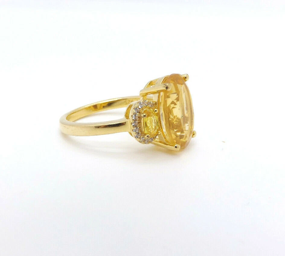 Anillo de citrino ovalado con 3 piedras de plata esterlina DK con halo de circonita cúbica, tamaño 7 Foto 3 de 4