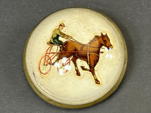 Antique Horse Bridle Rosette Sulky Horse Jockey Pin Button Domed Glass Brooch - Afbeelding 1 van 7