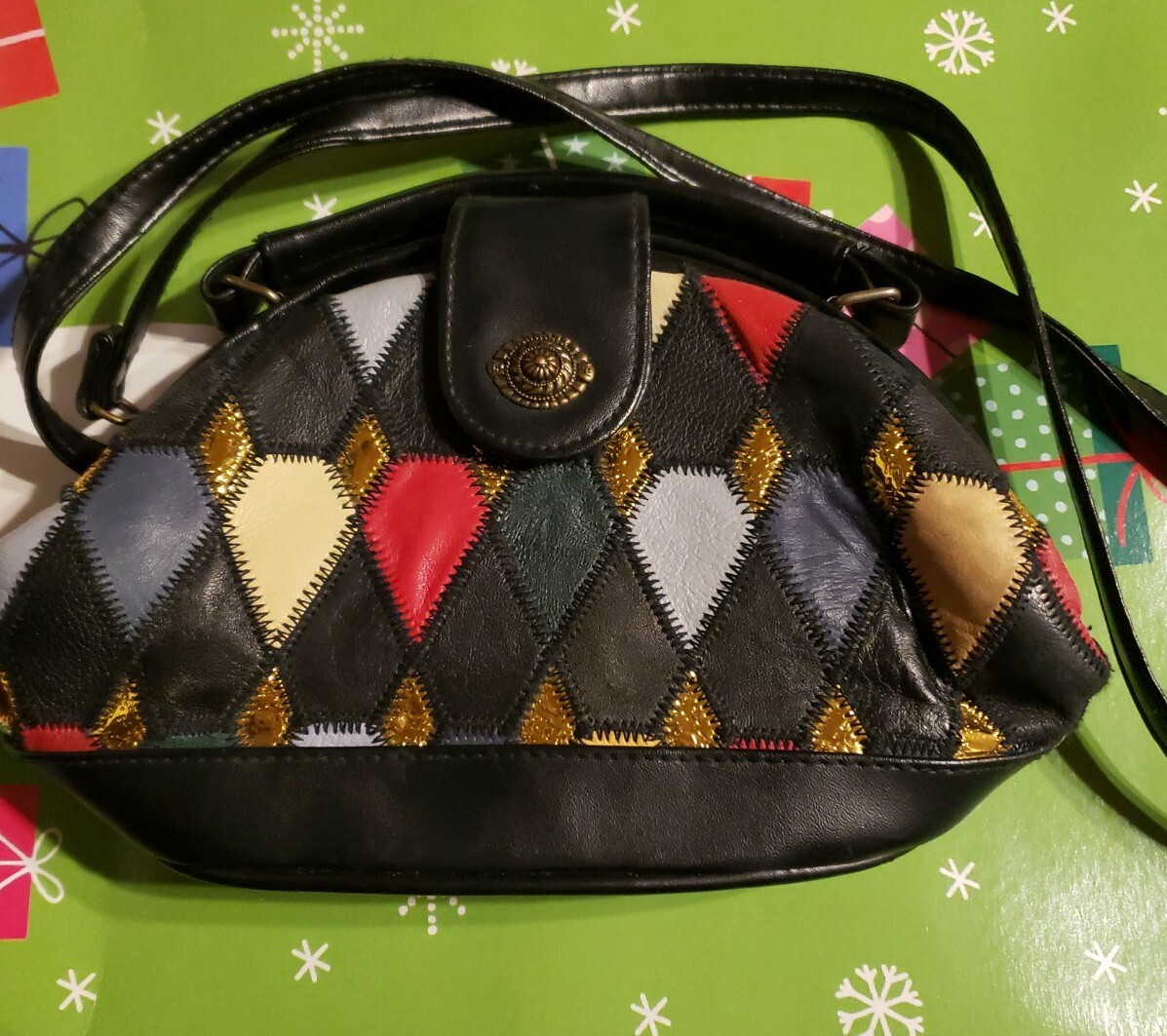 Vintage Rare Unique Patchwork Leather Clutch Cros… - image 11