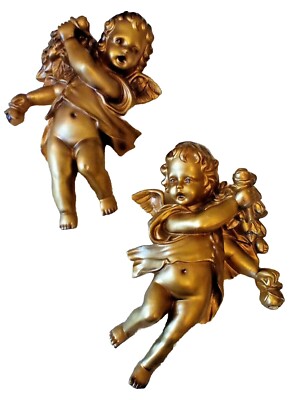 VINTAGE ANGEL CHERUB SET OF 2 10.75'' VICTORIAN GOLD WALL HOLLYWOOD REGENCY MCM