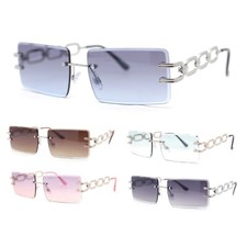Luxury Jewel Large Chain Link Arm Rimless Rectangle Designer Sunglasses