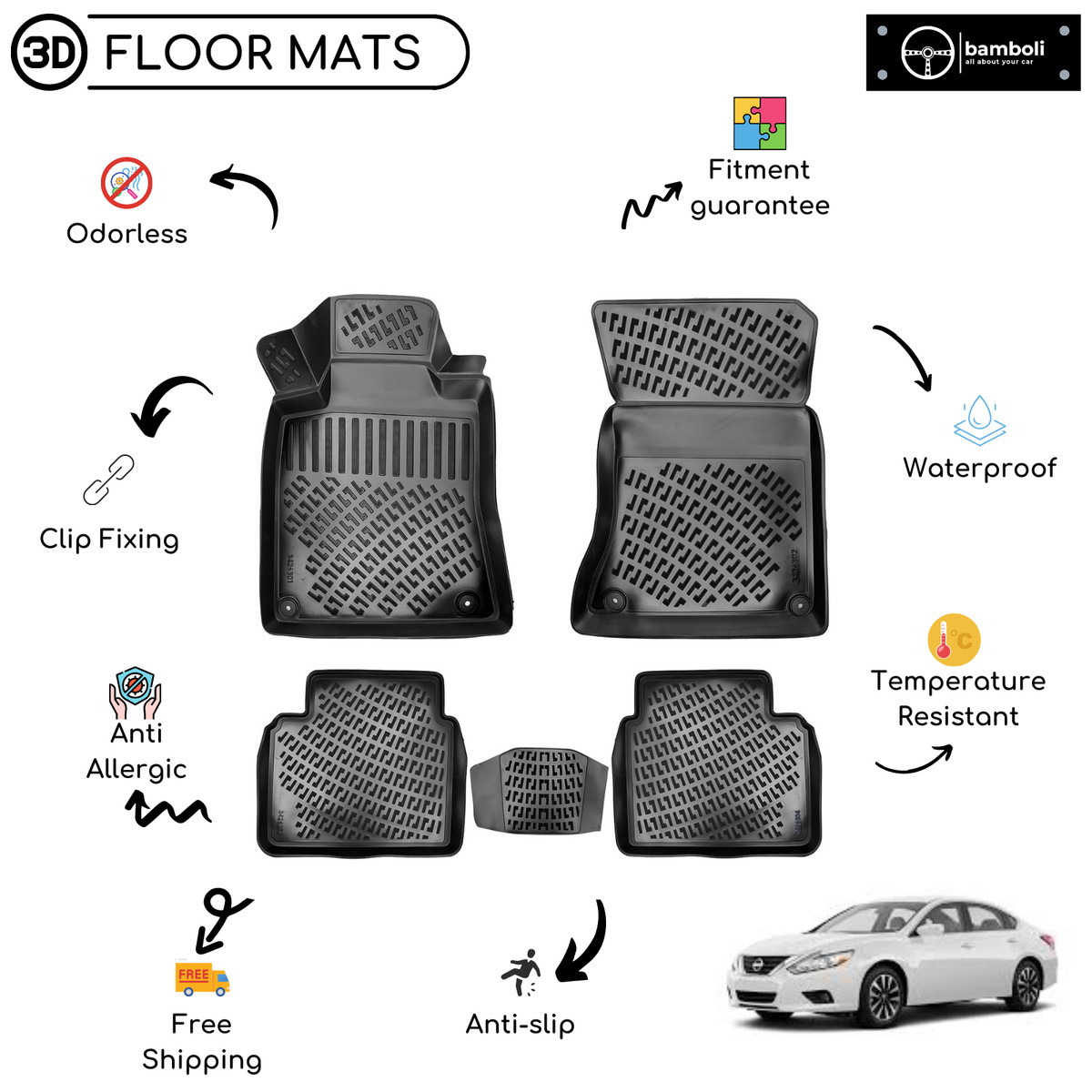 Custom Molded Rubber Floor Mat for Nissan Altima 2018 Up Black