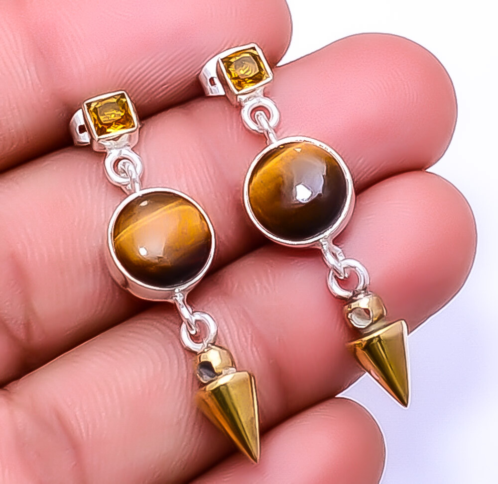 Yellow Tiger Eye and Citrine 925 Silver Two-Tone Earrings 1.50
