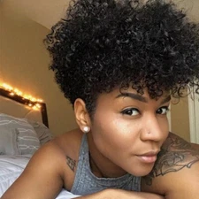 New Short Kinky Human Hair Wigs Curl Wig Women Natural Curly Cut Wig with Bangs