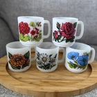 Vintage Glasbake Milk Glass Mugs - Language Of Flowers - Set Of 5