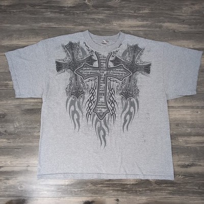VTG Y2K Affliction Style Cross Graphic T Shirt Mens 2XL Gray Gothic Streetwear