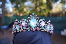 Aqua blue Crystal Pink Tiara Vintage bronze Crown Birthday Wedding Gift Diadem