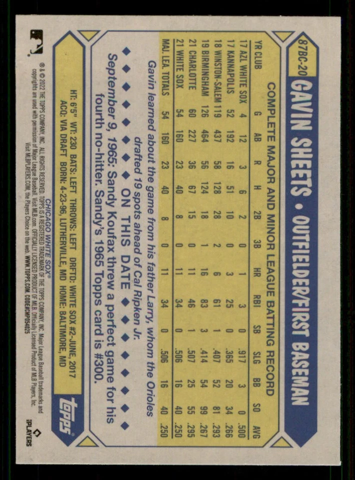 2022 Topps Chrome '87 Topps #87BC20 Gavin Sheets - Image 2 of 2