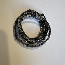 Black Beaded Wrap Bracelet Faux Leather Faceted Beads Silver Tone 30  