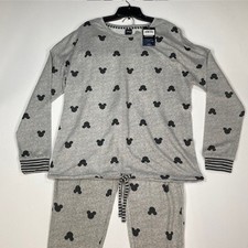 Disney Mickey Mouse Pajama Set Grey Black Allover Print Long Sleeve Pants M