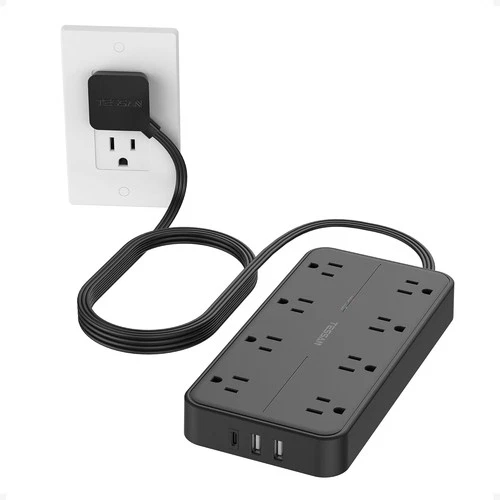 Power Strip 6FT Extension Cord with 8 AC Outlet 3 USB Flat Plug Wall Mount Black