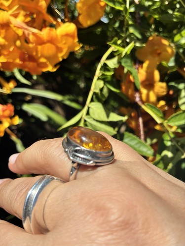 VTG 925 Sterling Silver Large Amber Ring Size 5.25 Signed Natural Oval Cabochon