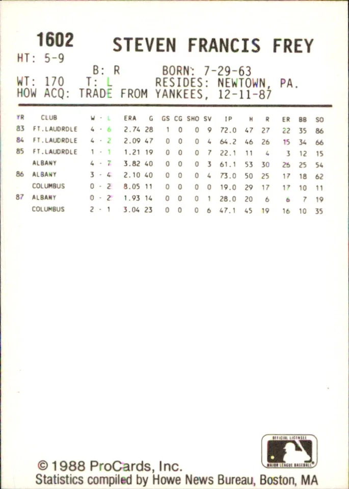 Steve Frey 1988 ProCards #1602 RC Tidewater Tides *AutographDen* - Image 2 of 2