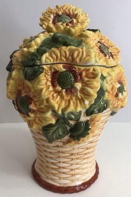 Vintage Sunflower Bouquet Cookie Jar Woven Basket Spring Centerpiece