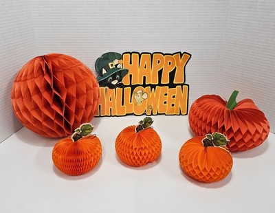Vtg 1960s Beistle Co Crepe Paper Accordion Pumpkins Hallmark Happy Halloween...