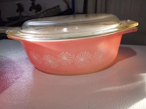 PYREX Vintage Pink Oval Glass Casserole With Lid Floral Pattern