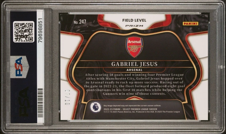2022-23 Gabriel Jesus Panini Select Field Level Gold Arsenal FC Card 7/10 PSA 9 - Image 2 of 3
