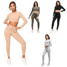 Womens Ribbed Crop Top Pocket Combat Style Skinny Trouser Co ord Loungewear Size