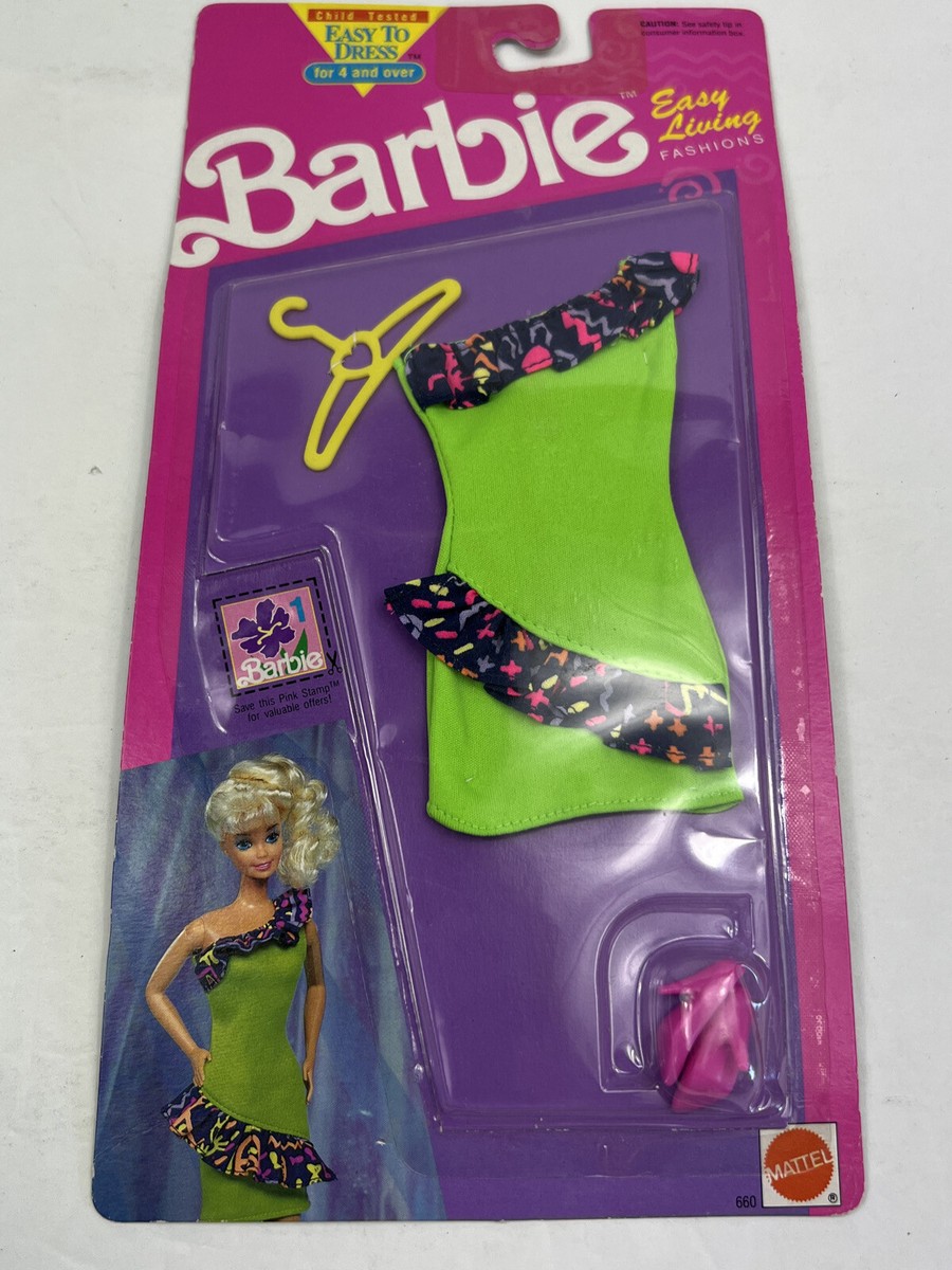 VTG Barbie Easy Living Fashions Ruffle Dress Neon Green Pink Shoes