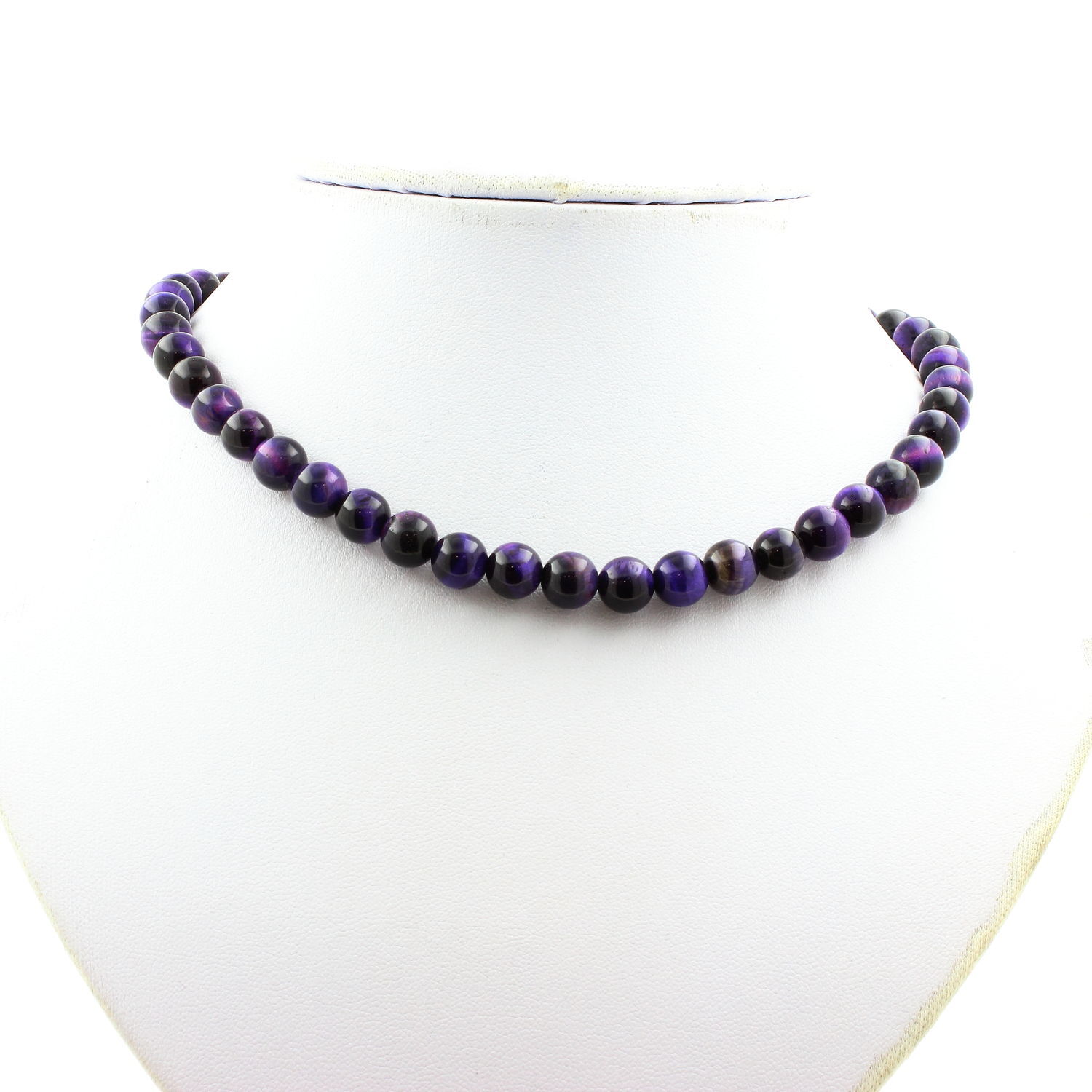 Collier Oeil de Tigre Violet 8 mm, chaine maille acier inoxydable pour ras de cou femme
