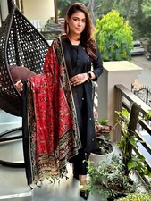 Traditional Indian Salwar Suit Set, Black Kurta with Red Floral Dupatta