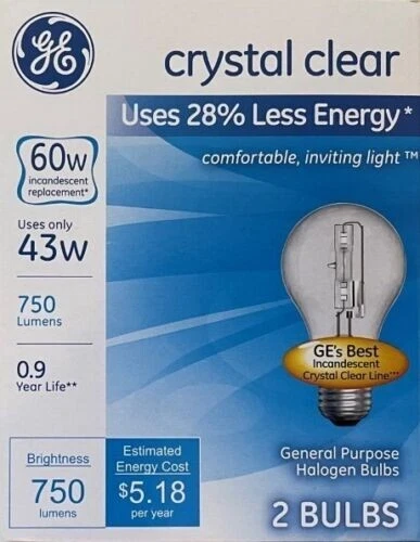 4 GE 43W 43 60 Watt 60w Output Crystal Clear A19 Medium Base Light Bulbs